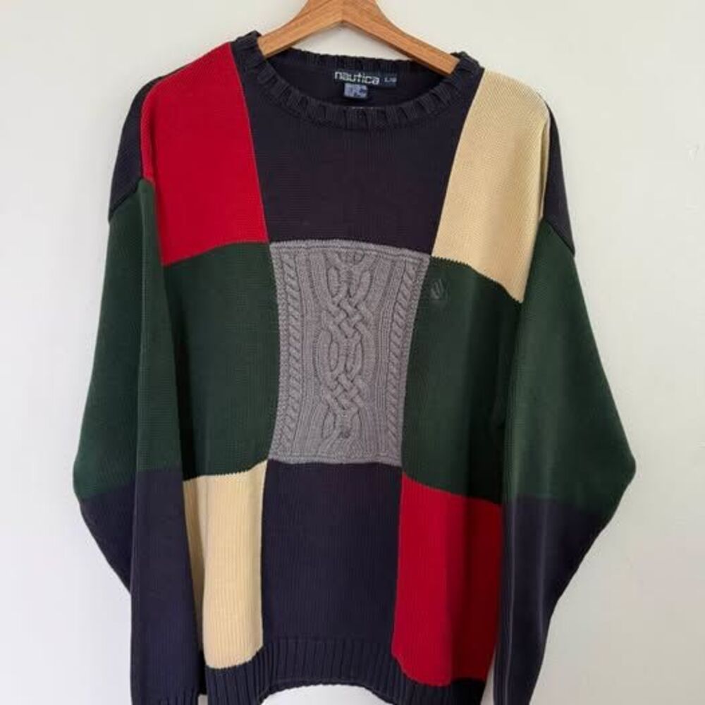 Vintage Nautica Colorblock Cable Knit Sweater - Large